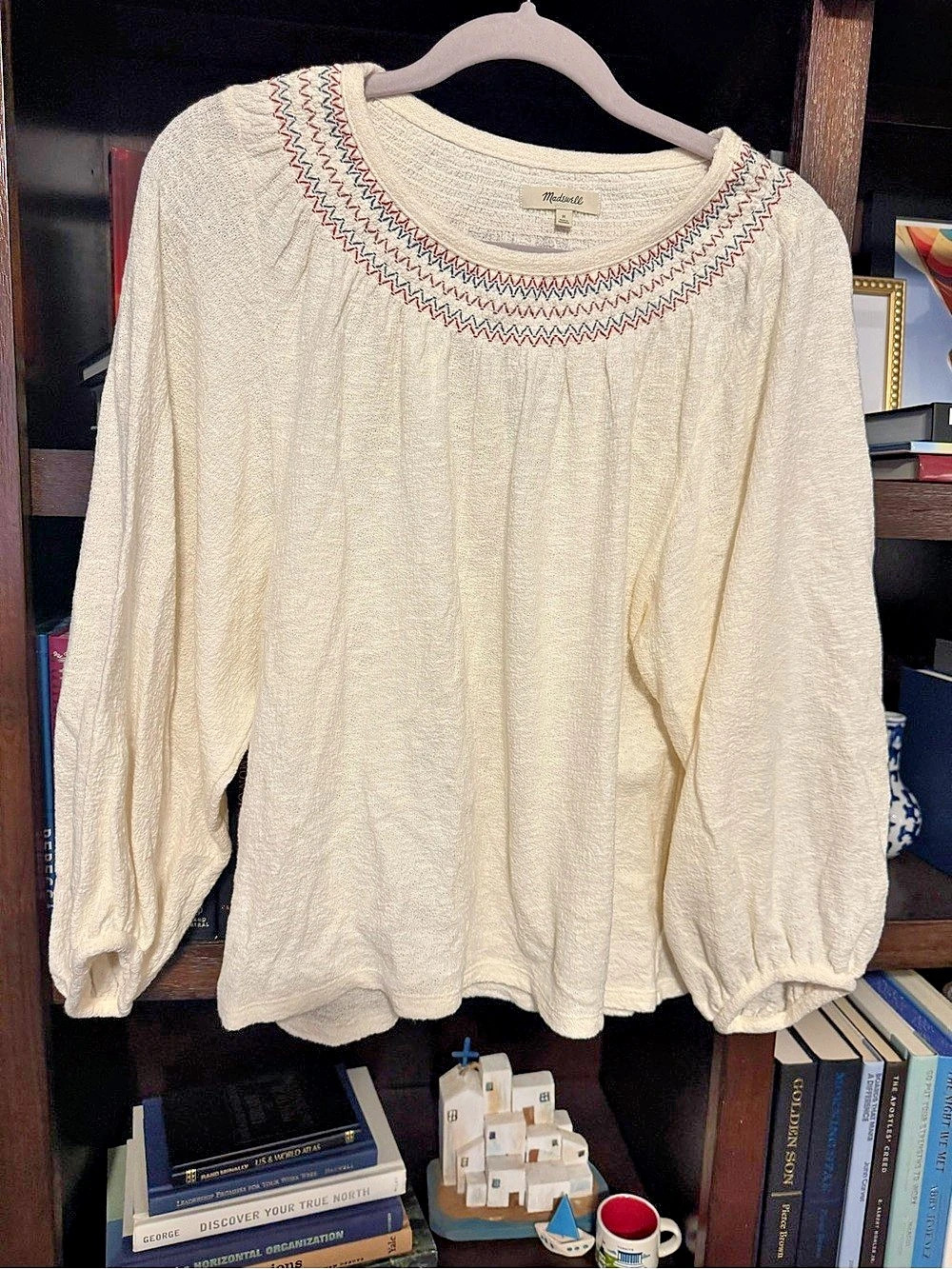 Madewell Embroidered Neck Long Sleeve Blouse in Cream Size Medium
